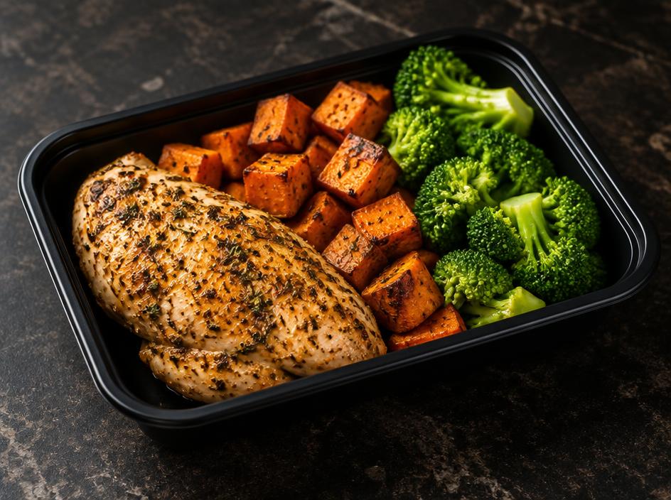 Baked Herb Chicken with Sweet Potato & Steamed Broccoli