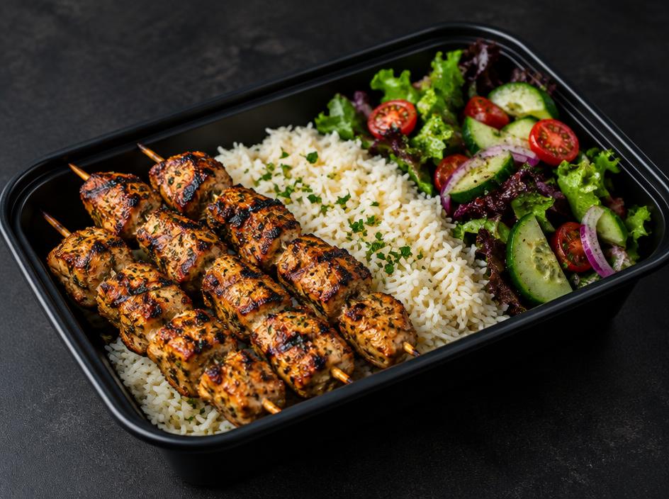 Grilled Chicken Kebab with Basmati Rice & Mixed Green Salad