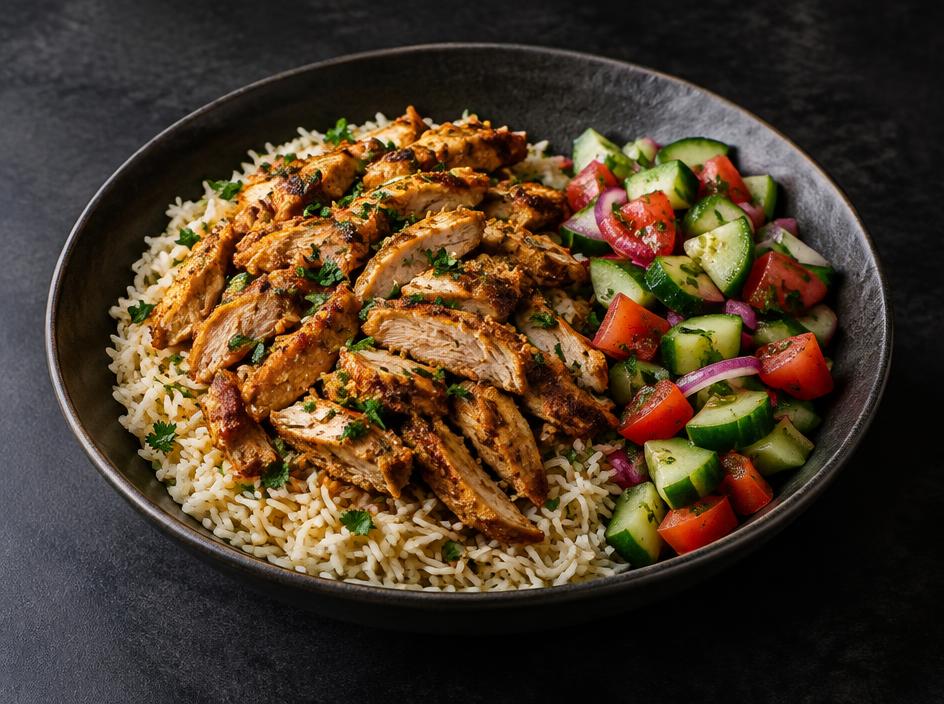 Chicken Shawarma Rice Bowl (Halal) with Cucumber Salad