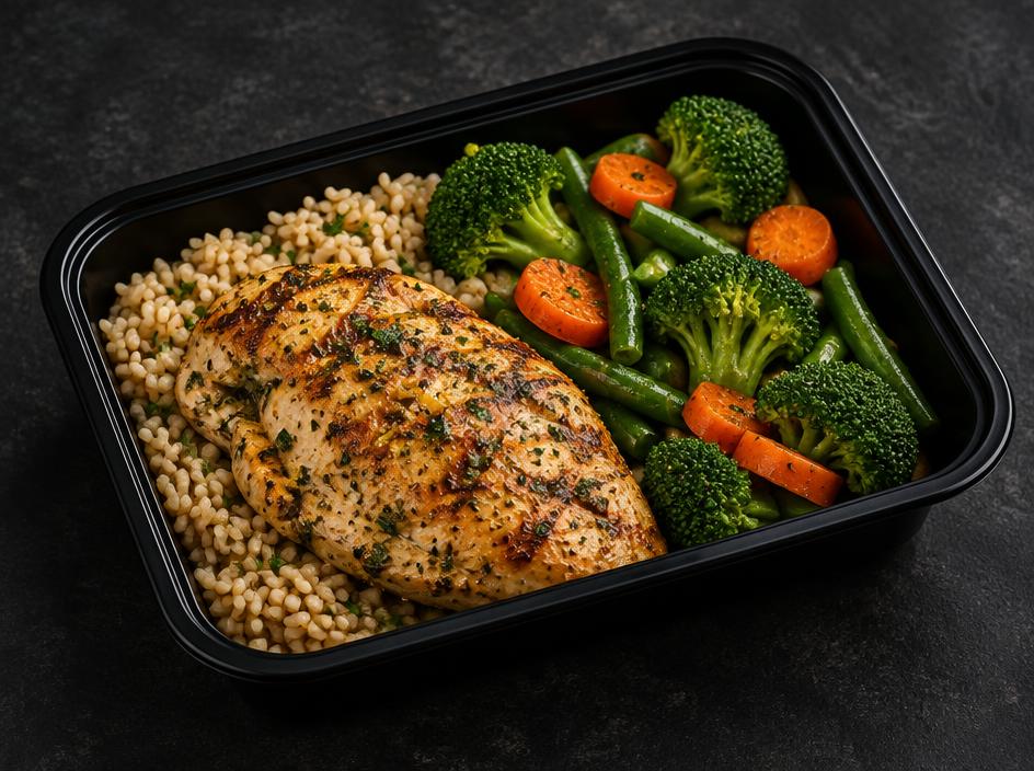 Grilled Lemon Herb Chicken with Brown Rice & Steamed Vegetables
